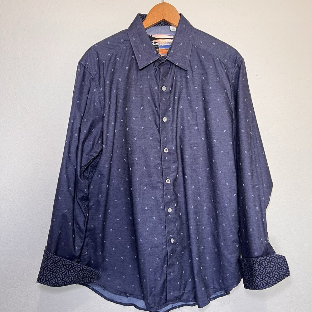 Robert Graham Dress Shirt Men Size L Blue Classic Fit Button Statement Flip Cuff